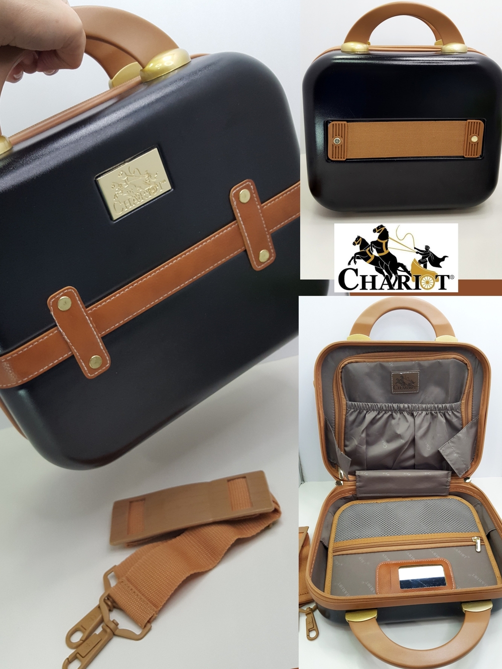 Vintage Chariot🍹Black & Tan Hard Shell Vanity Case / Beauty Travel Case☆Mini